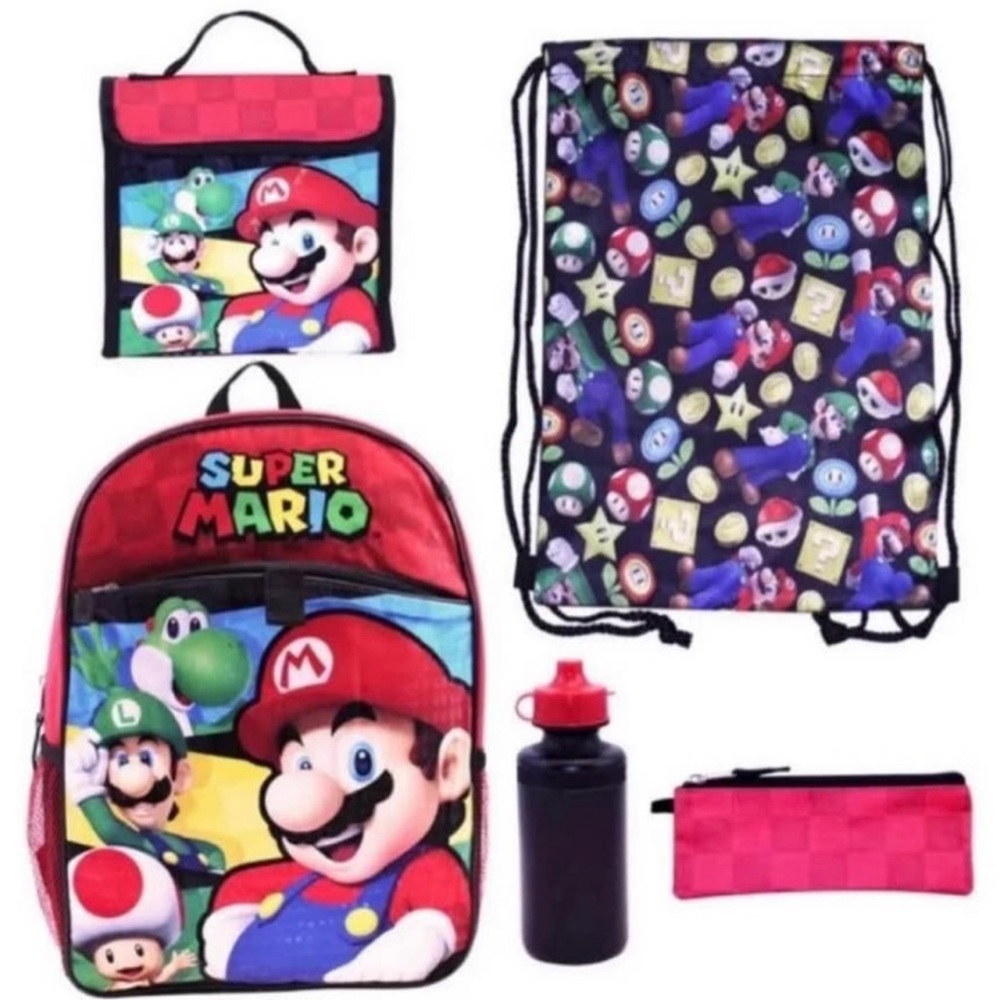 (NWT) Super Mario Luigi, Yoshi & Toad 5-PC Backpack, Lunch Bag & Accessories